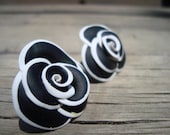 Large Black and White Clay Rose Earrings-  Statement Pin-Up Earrings