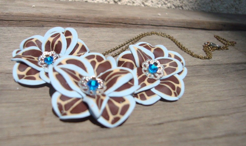 Polymer Clay Leopard Print Roses Dainty Necklace Baby Blue Trim
