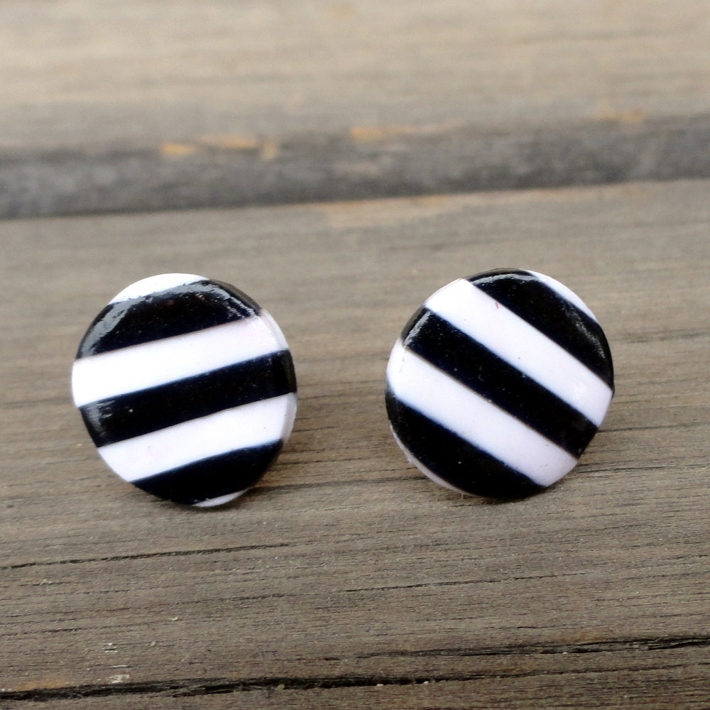 Black and White Striped Circle Geometric Post Earrings by Petal Cove