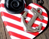 Petite Nautical Red and White Striped Heart With Anchor Necklace by Petal Cove