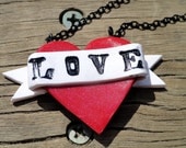 Tattoo Inspired Love Stamped Heart Necklace by Petal Cove