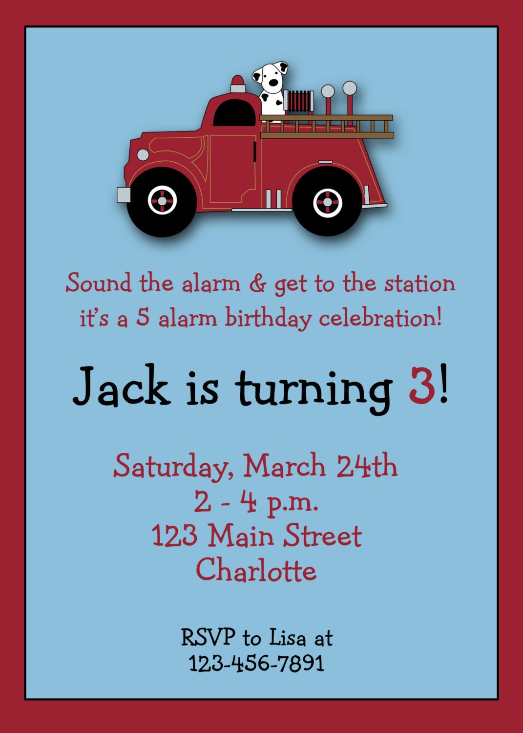Firetruck birthday invitation -- firetruck firefighter birthday party -- custom invitation - You print or i print