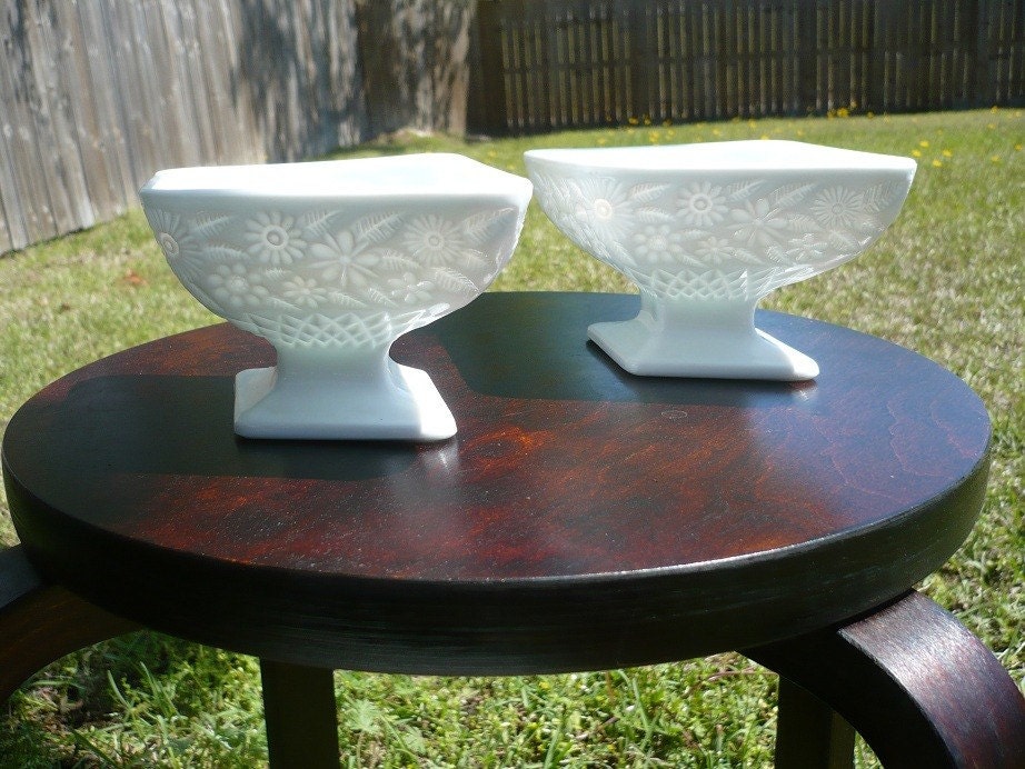 SALE--Vintage MIlk Glass Diamond Shaped Compotes - Set of 2