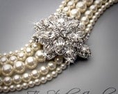Pearl Bridal Wedding Bracelet Multi Strand Cuff Brooch Rhinestone Crystal Focal - CAROLYN