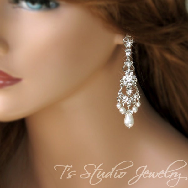 Rhinestone and Pearl Bridal Chandelier Earrings Romantic Dangling Crystal Wedding Earings - CAMILLE