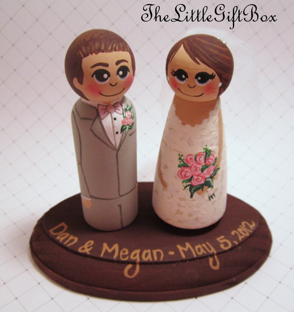 Wedding Cake Topper / Custom Painted Wood Peg Dolls with Plaque