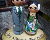 Wedding Cake Topper / Custom Painted Wood Peg dolls with plaque / Traditional Ethnic Wedding