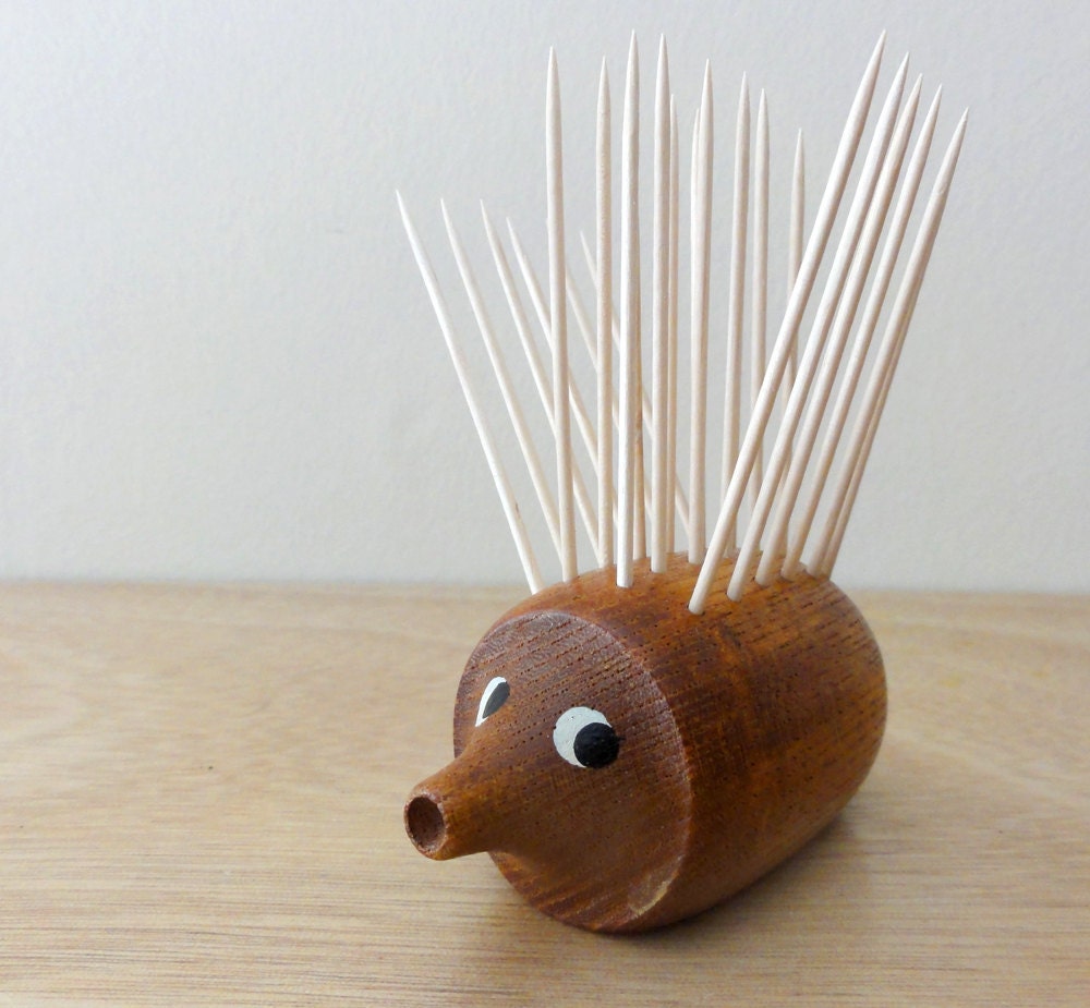 Vintage Mid Century Teak Hedgehog Toothpick Holder