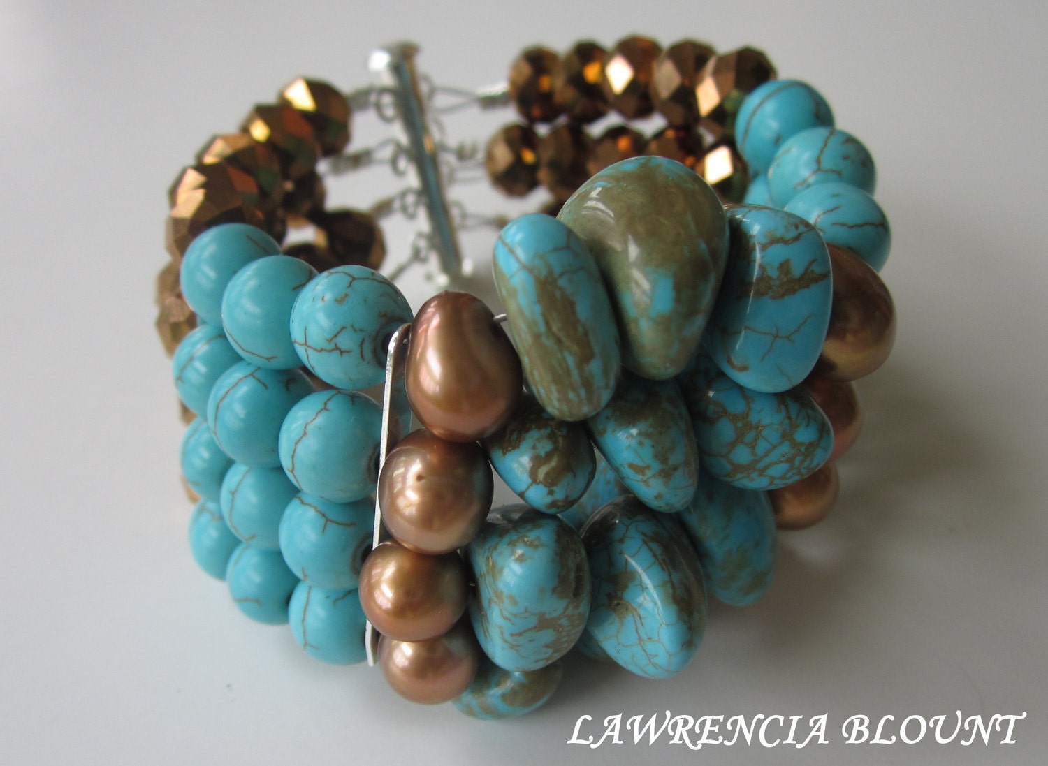 Turquoise Bracelet: Statement Cuff Turquoise Stone Bronze Crystals and Pearls Statement Cuff