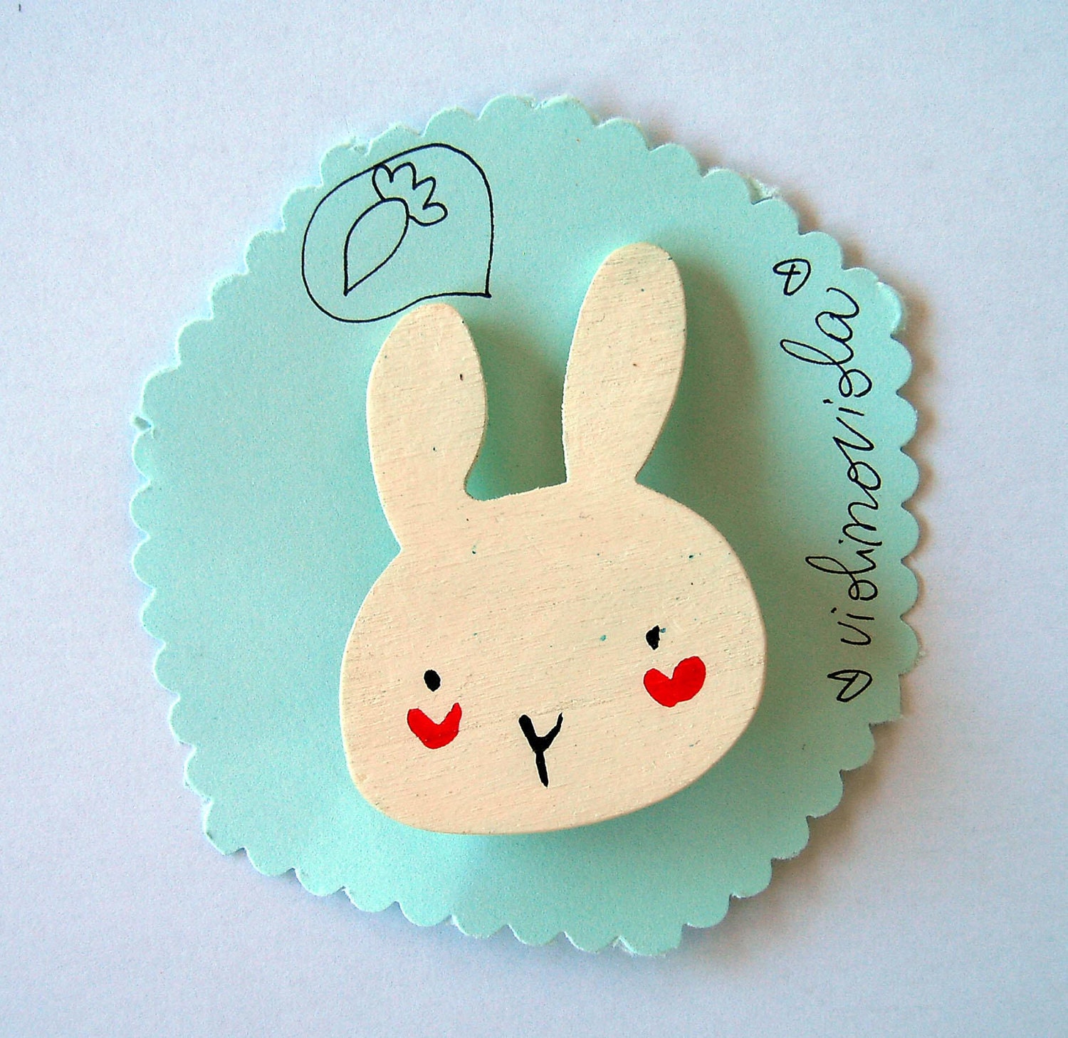 funny white rabbit head, wooden brooch hand made in Italy