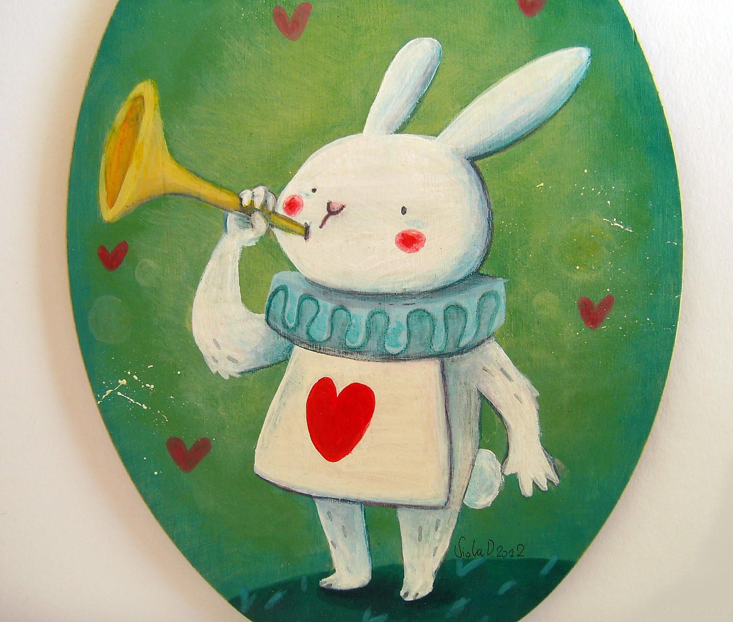 SPECIAL OFFER. Original acrylics oval paint. White rabbit plays the horn. Flower brooch for free