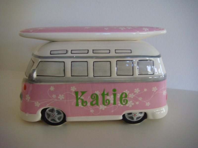 Surfing Girls Personalized Pink and Green VW Van Bank