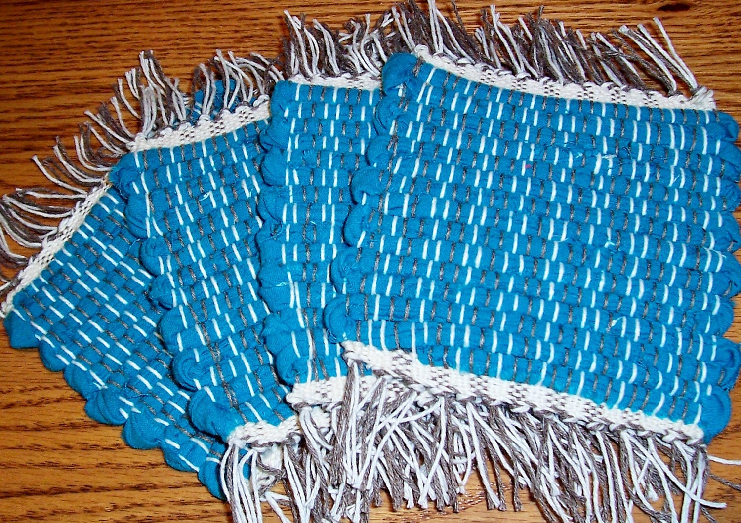 Turquoise handwoven rag rug style coasters made in USA - BackPorchCountry