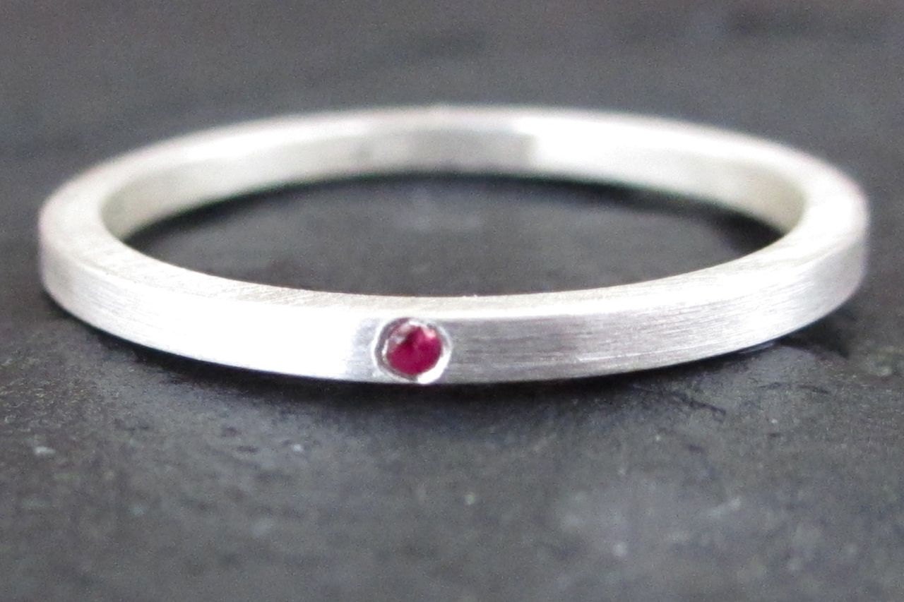 Sterling Silver Stacking Ring 925 and Ruby Handmade Matte Finnish Size: 8