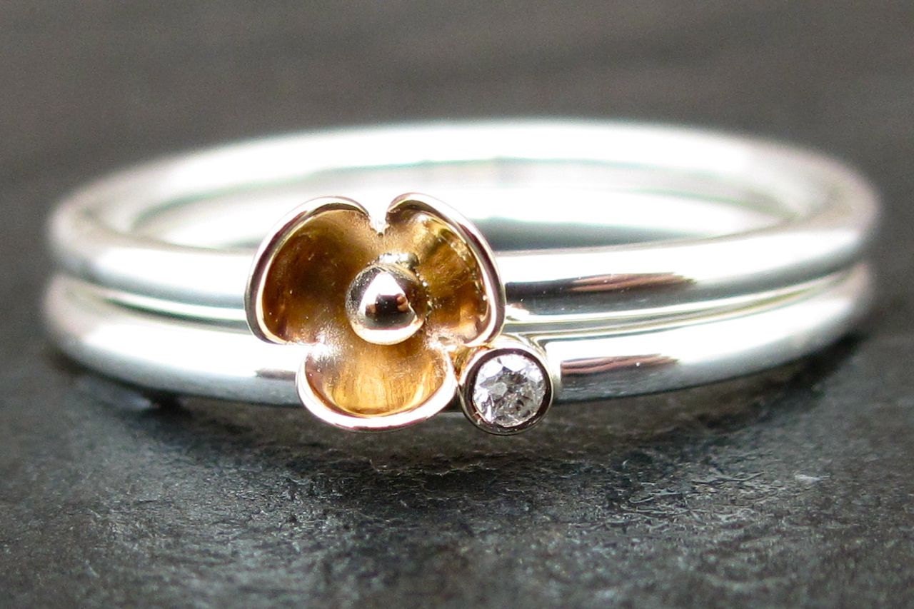 15% OFF  Handmade 14K Yellow Gold and Sterling Silver Ring Flower Lily and 14K Yellow Gold and DiamondRing Size: 7