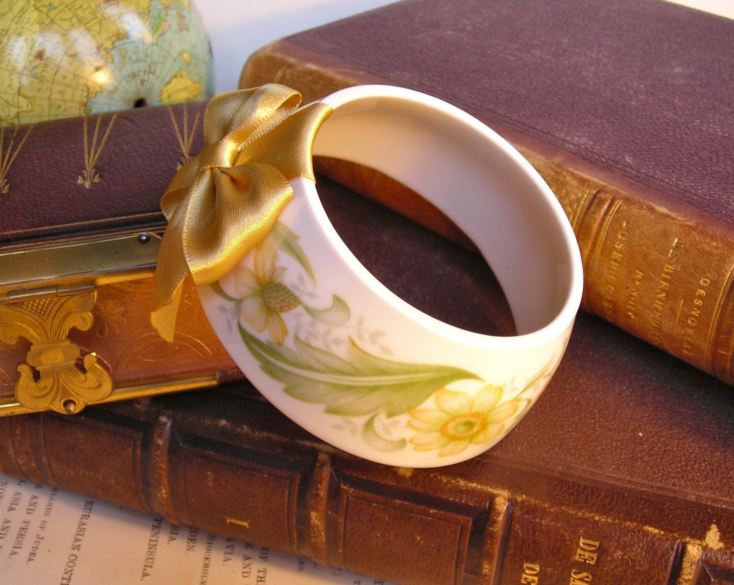 StayGoldMaryRose - Beautiful fresh golden green floral pattern tea cup bracelets with rich gold hand made satin bow.