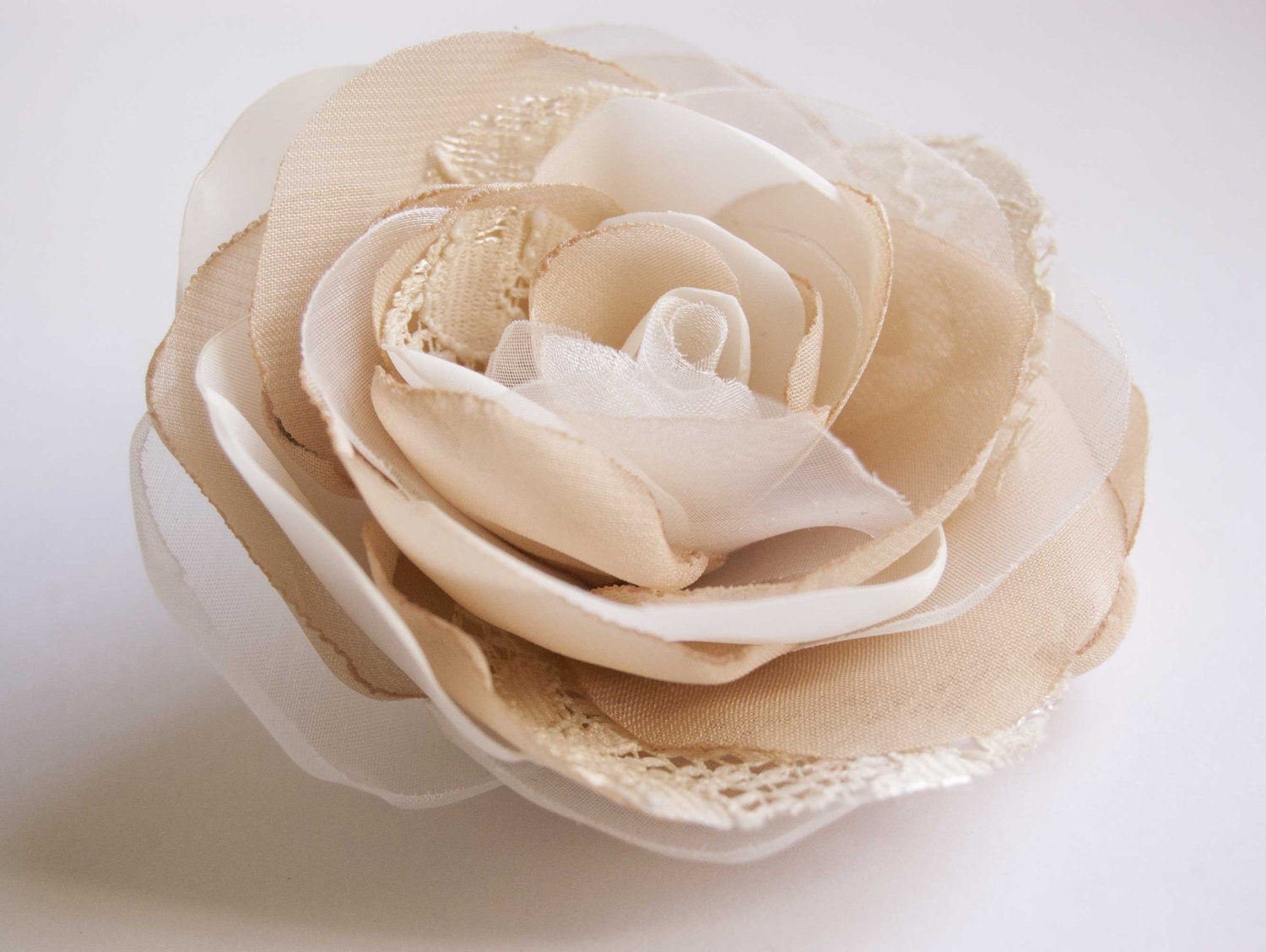 Beige bridal flower hair clip and brooch, rose flower,  lace, organza, chiffon