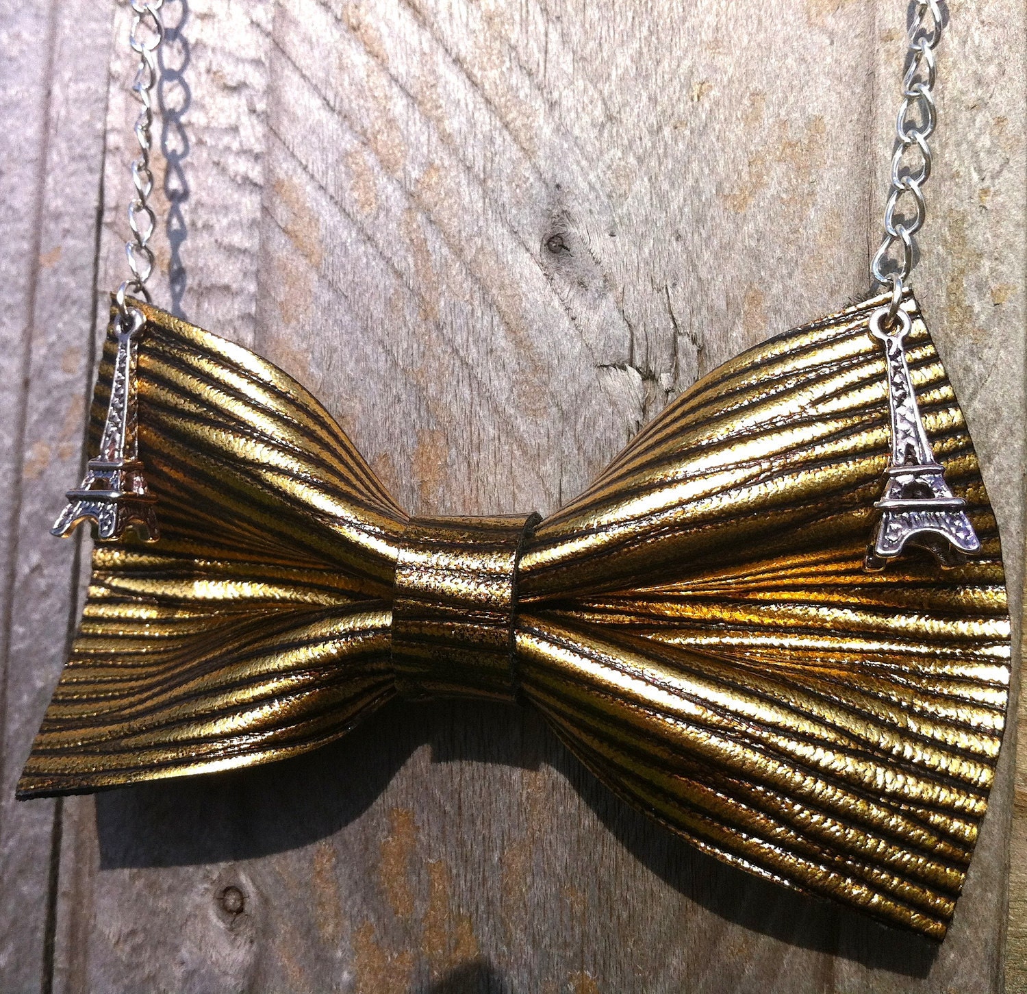 Leather Bow EIffel Tower Chain Necklace