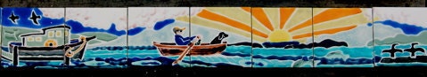 Dog Co-pilot Man Row Row the Boat Tile Backsplash