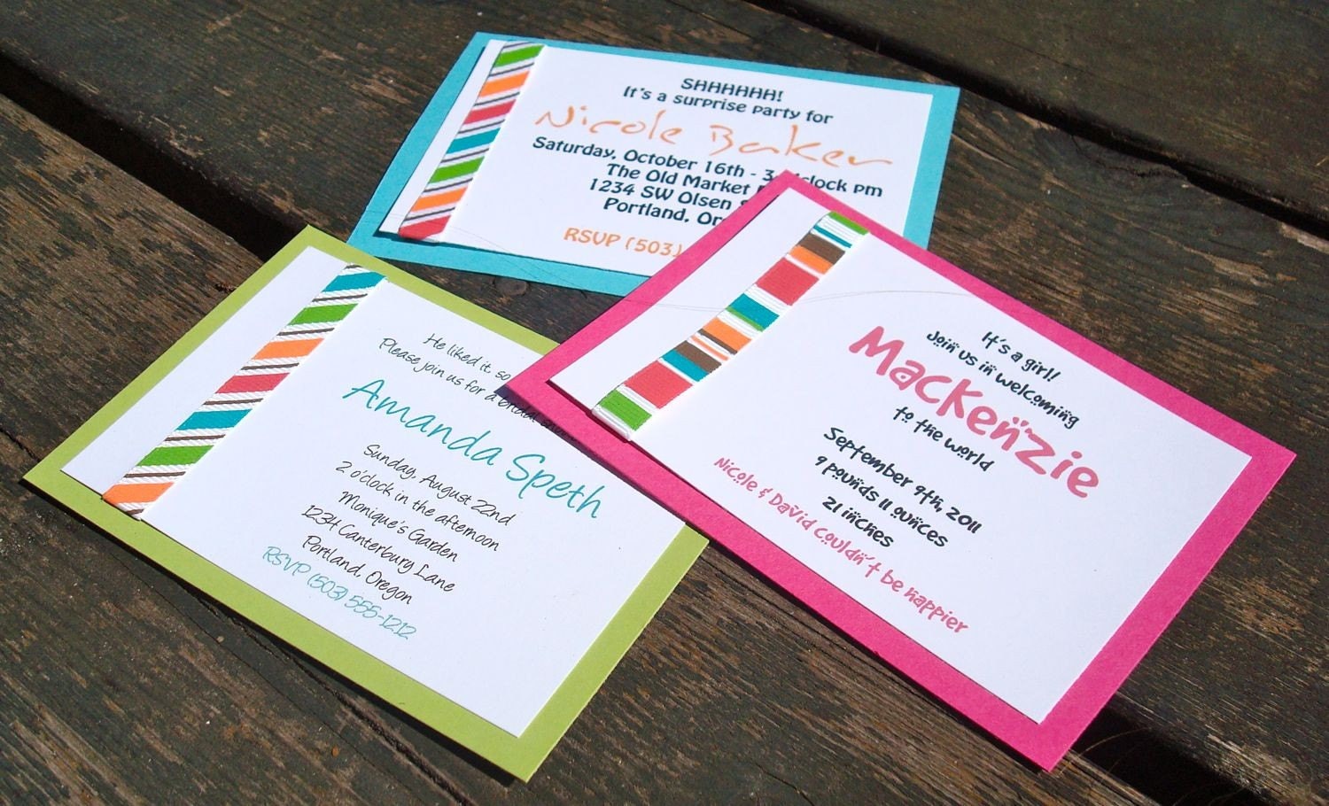 10 Striped Ribbon Invitations for Bridal or Baby Shower, Birthday Party, Birth Announcement