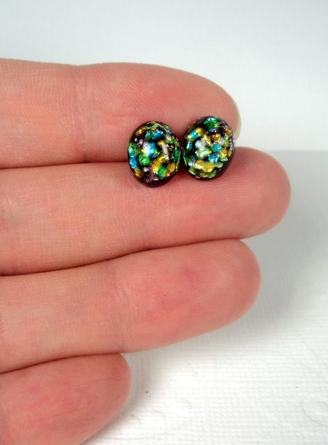 Vintage Cherry Brand 1940s/1950s Japanese black glass with metallic multi-colored foil inclusions studs post earrings