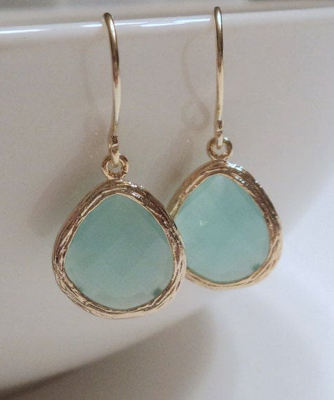 Mint aqua chalcedony aquamarine glass and gold dangle tear shape earrings. Bridal. Bridesmaids. Wedding jewelry.