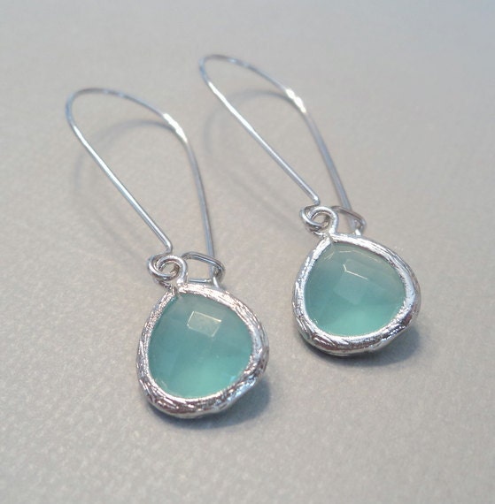 SMALL silver and mint aqua chalcedony milky aquamarine tear shape glass dangles on silver kidney wire earrings.