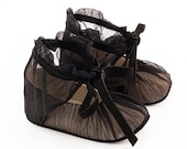 Leather baby shoes  covered with black shirred silk-chiffon