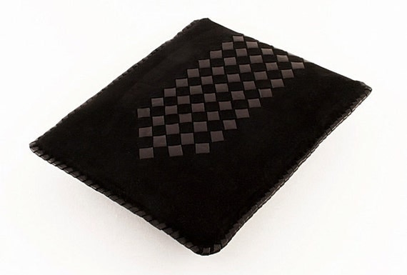 Black leather iPad case -  handmade from black suede