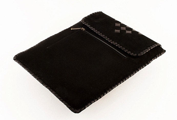 Black leather iPad case -  handmade from black suede
