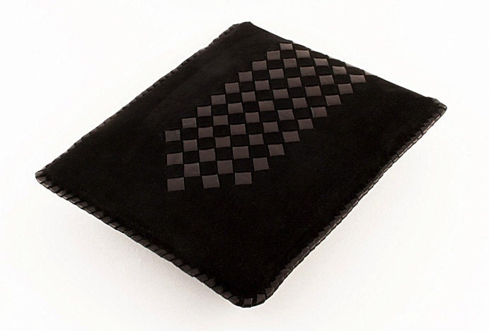 Black leather iPad case -  handmade from black suede