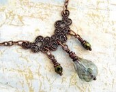 Mermaid Drop Necklace - antique copper and green drops of Czech glass beads
