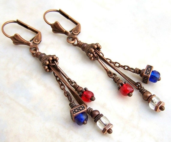 Patriotic Steampunk Earrings - red, white and blue with copper - Patriotic Jewelry - 4th of July Earrings