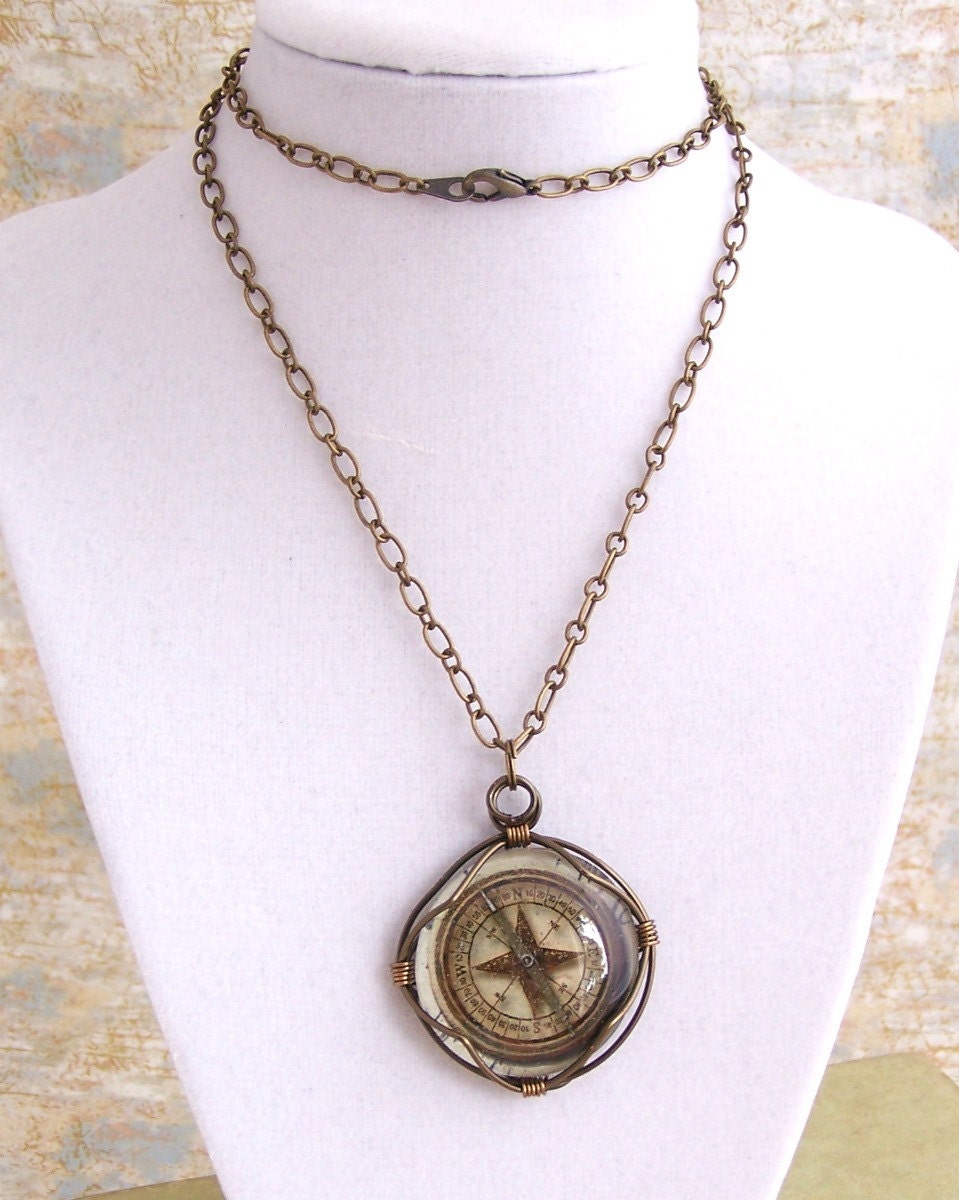 Compass Pendant of wire wrapped glass to keep you pointed in the right direction - Steampunk Jewelry - Pirate Inspired