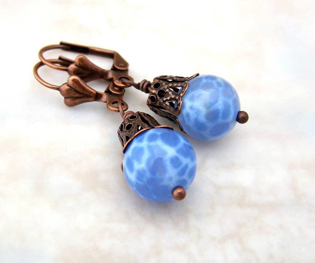 Periwinkle Blue Earrings of Blue and White Dragon's Agate with Antique Copper - Delft Blue Earrings