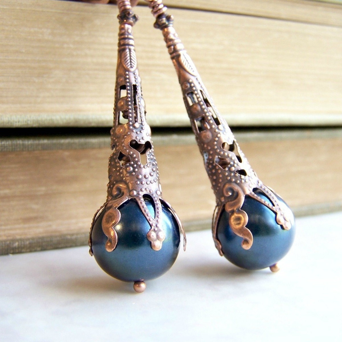Navy Blue Pearl Earrings with Copper Filigree - Antique Victorian style blue grey glass pearls