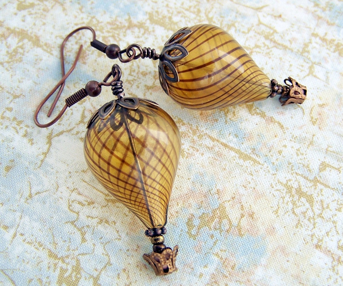 Hot Air Balloon Earrings - Steampunk balloon earrings in blown glass and copper  - Hot Air Balloon Jewelry - Steampunk Earrings