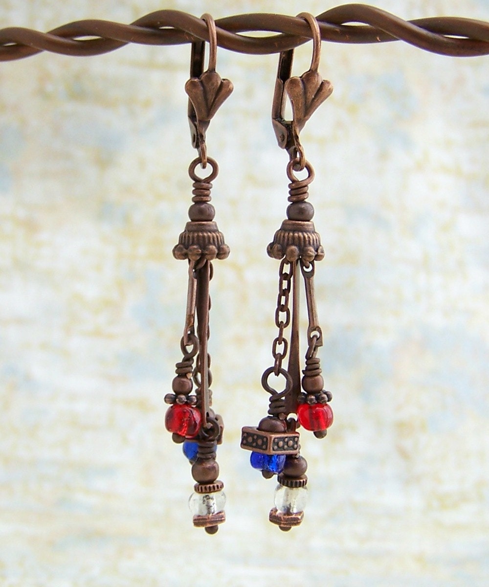 Patriotic Steampunk Earrings - red, white and blue with copper - Patriotic Jewelry - 4th of July Earrings