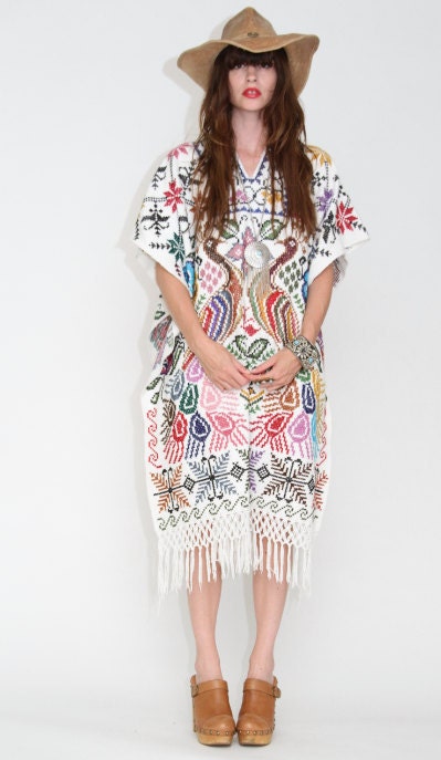 Mexican Poncho with White fringe