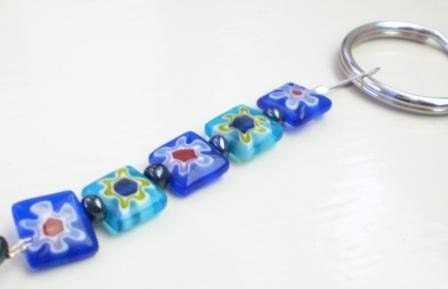 Beaded keychain, blue, floral, glass, square beads, spring accessory, womens, teens, ready to ship, handmade by Stitchy Impressions