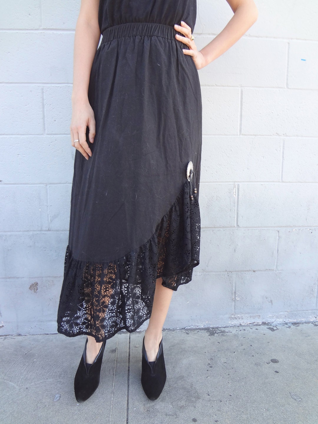 Vintage Full Black Maxi Cotton Lace Spanish Skirt