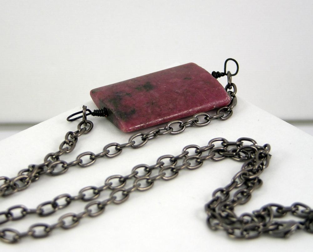 Necklace chain gemstone rhodonite unisex bold modern minimalist statement lightweight aluminium bronze tone free shipping