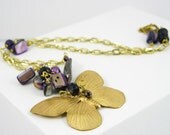 Necklace chain brass pendant butterfly valentines day purple pearls boho chic vintage style romantic free shipping