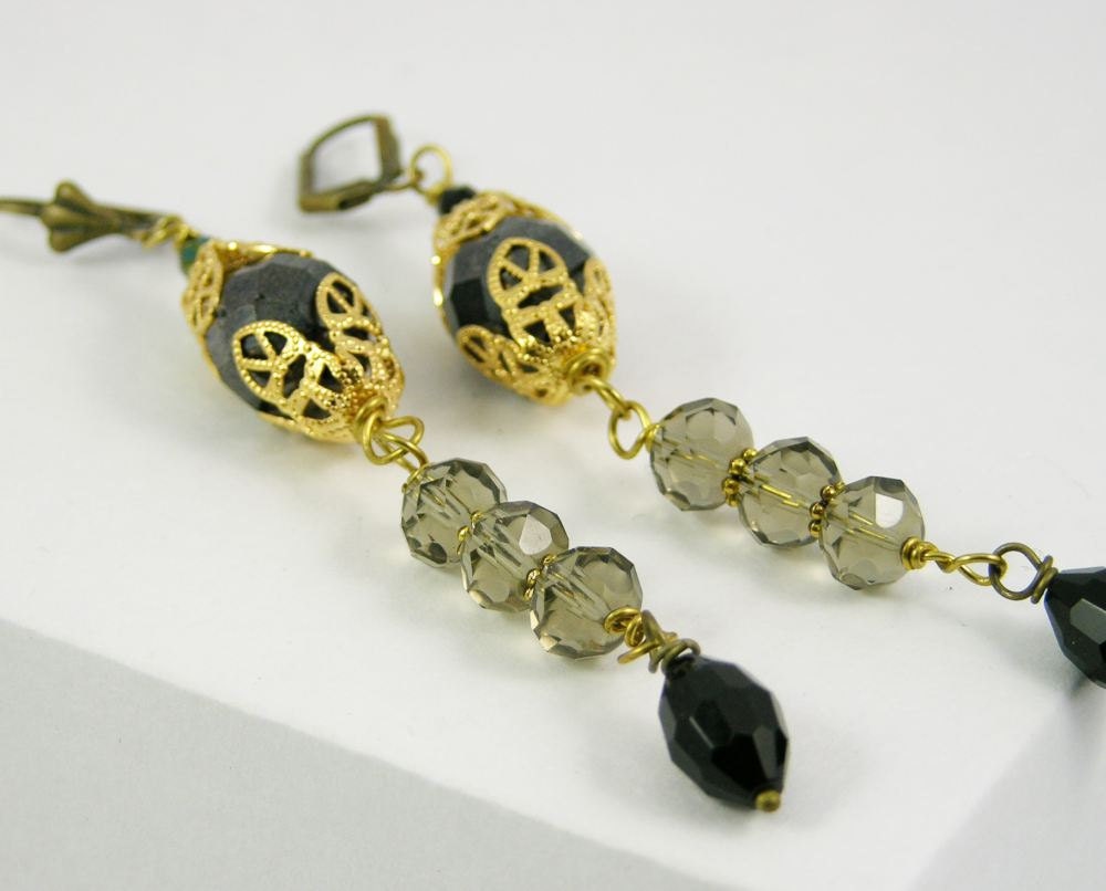 Earrings long dangle gold crystal grey black vintage style victorian romantic steampunk shabby chic free shipping teamt