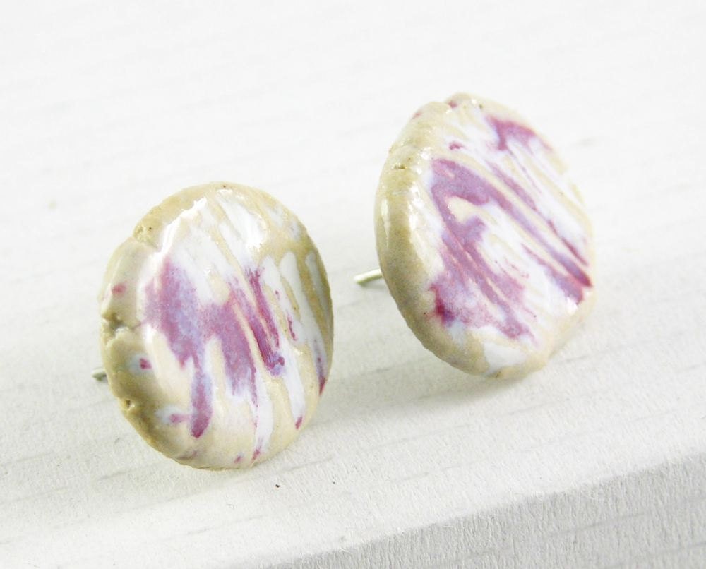 Earrings modern ear posts ear studs ceramic surgical steel organic natural ooak stone and magenta free shipping