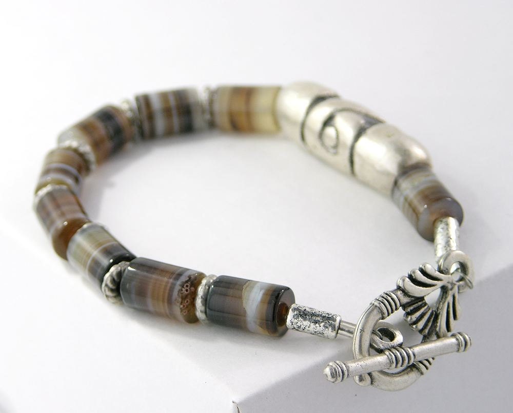bracelet black agate striped gemstone sterling silver free shipping unisex modern healing stones