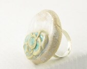ring adjustable aqua milky white and olive green ceramic modern fungi sea beach organic nature free shipping