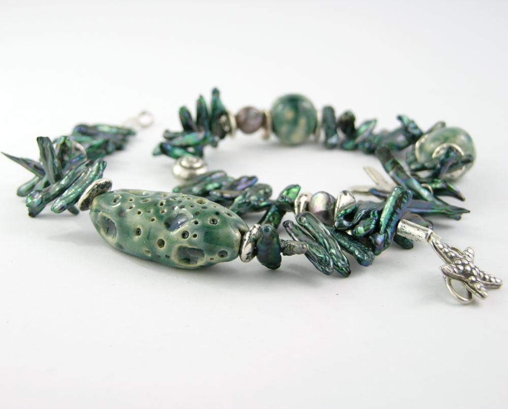 necklace Thai silver pearls ceramic starfish deep teal blue sea beach nautical organic nature natural history free shipping