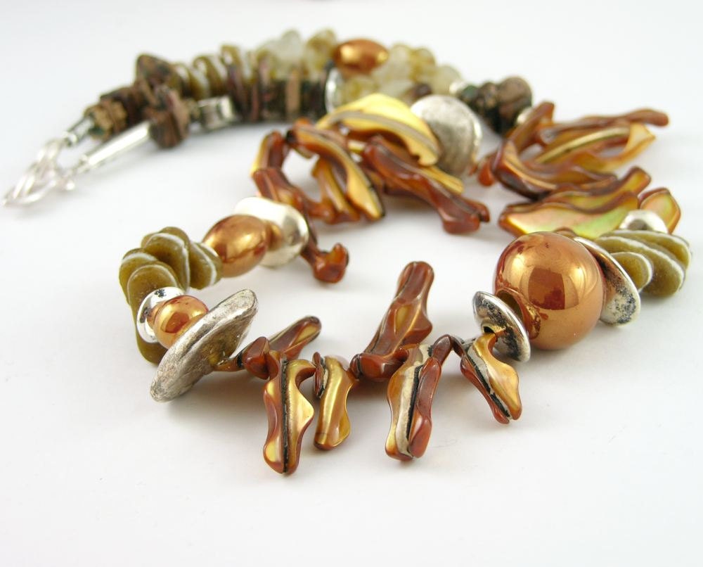 Necklace mother of pearl amber honey brown recycled glass silver ceramic sea beach tribal statement ooak unique teamt - PiaBarileJewelry