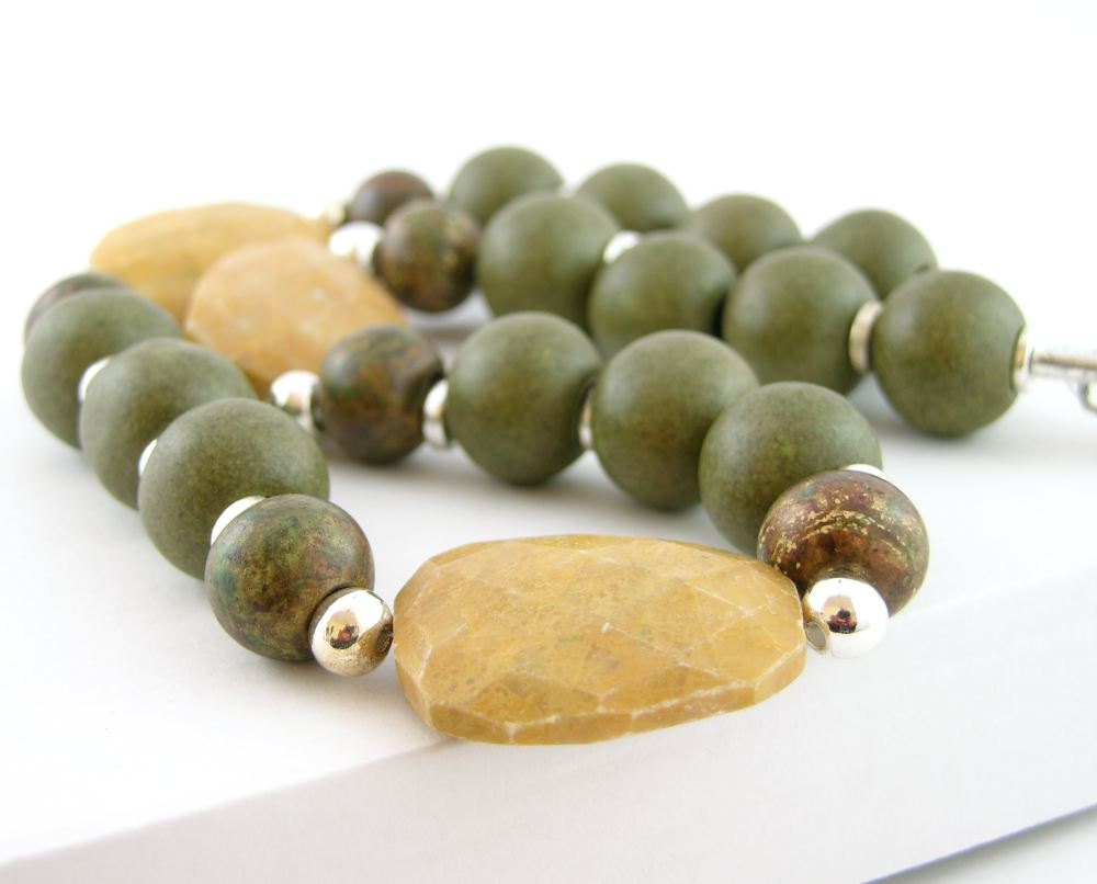 Necklace modern tribal bold silver ceramic olive green camel jasper gemstone caramel brown statement flat slabs teamt
